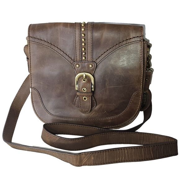 Born Handbags - BORN Studded Brown Leather Crossbody Bag, Womens Medium